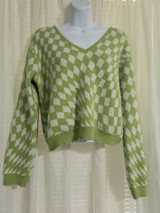 Witty Fox Sweaters - Witty Fox Lime Green & White Checkerboard V-Neck Sweater